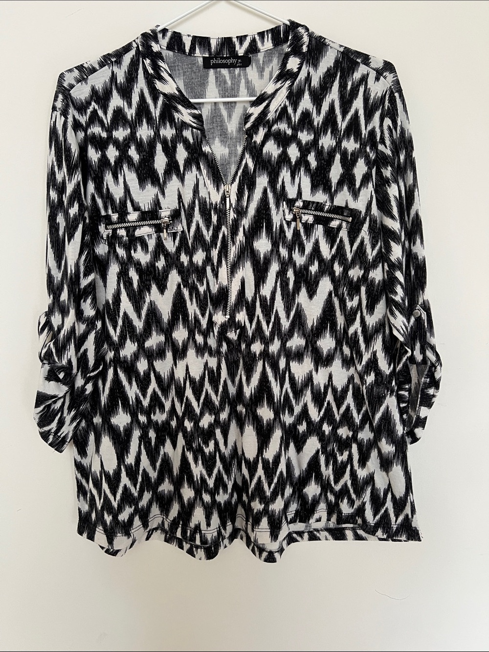 Philosophy Black & White Ikat-Pattern Zip-Pocket Tunic
